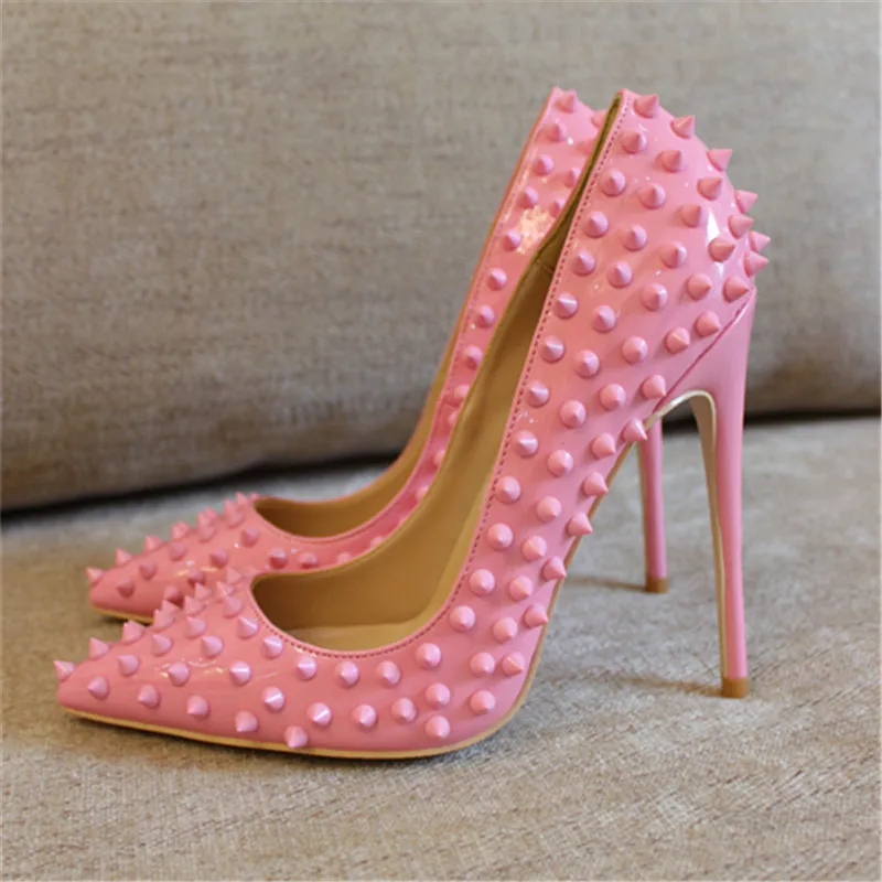 

Free shipping fashion women Pumps lady Pink patent leather studded spikes Pointy toe high heels shoes size33-43 12cm 10cm 8cm