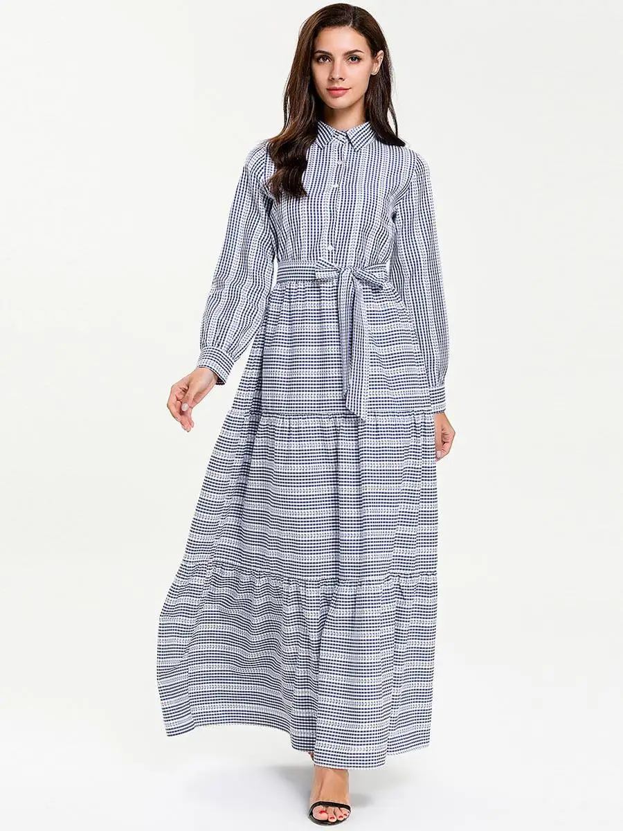 Мусульманское платье повседневное Дубай Кафтан клетчатый халат платье серая рубашка платье тонкий воротник однобортные платья Исламская
