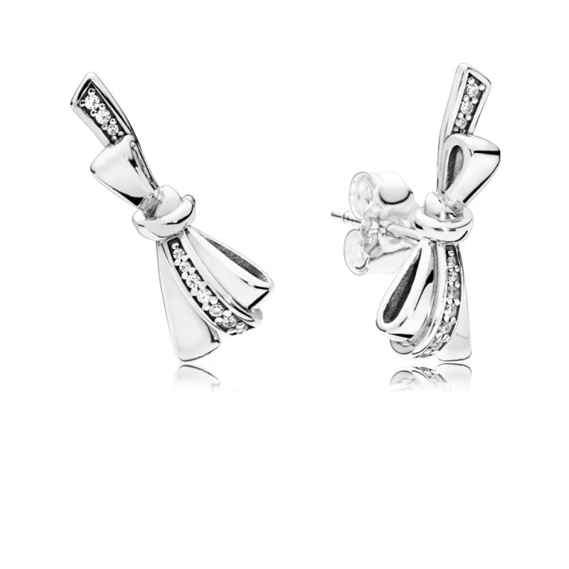 

2018 Spring New Real 100% 925 Sterling Silver Brilliant Bow Earring Studs Fit Original Panqiou For women Earring Fine Jewelry