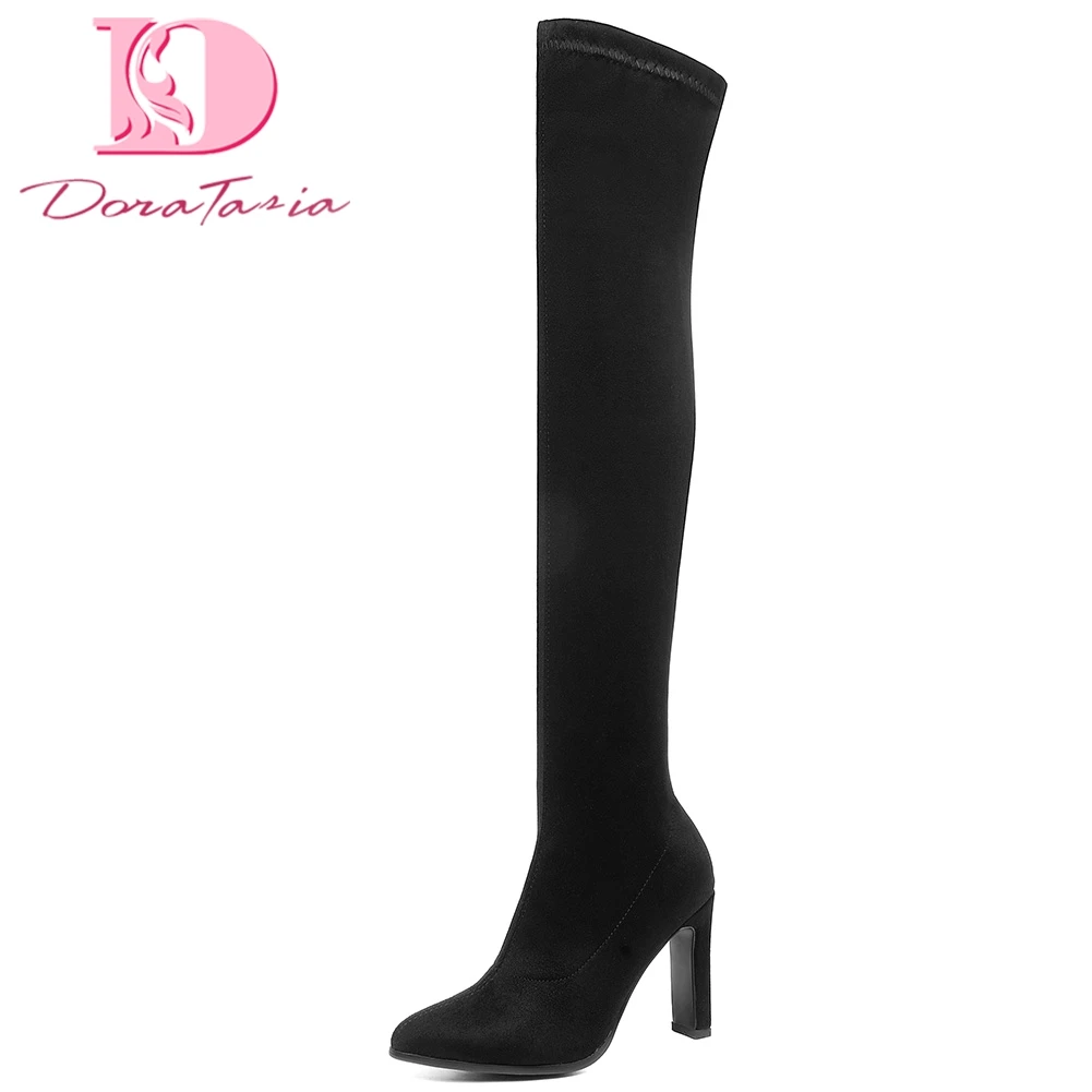 

Doratasia Over The Knee Boots Flock Stretch Women Shoes High Heels Autumn Winter Shoes Lady Party Sexy Long Boots Large Size 43
