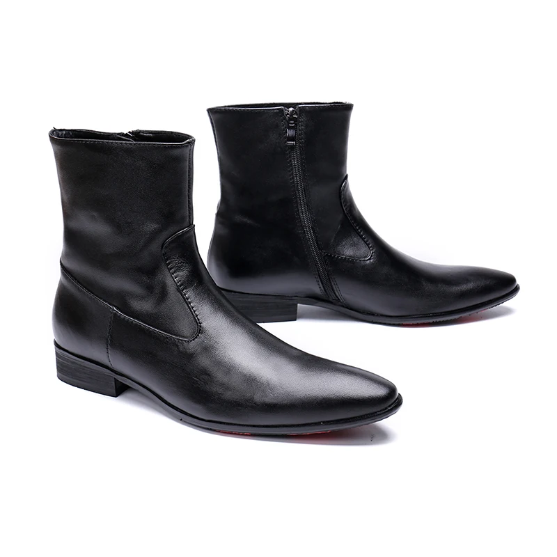 

Genuine Leather low heel zip ankle boots fashion black Glossy oxford pointed toe Martin boots party wedding shoes big size 46