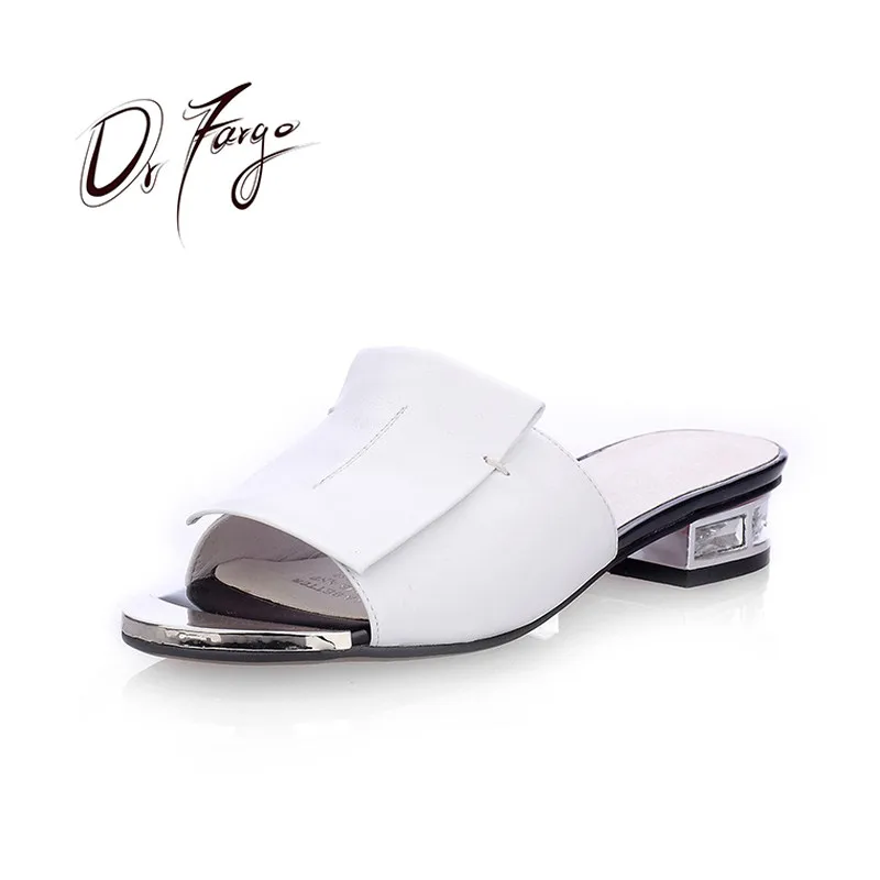 

DRFARGO Summer High Quality Square Heels Genuine Leather Shoes Women Sandals Ladies Flat White Black Open Toe Ladies Slipper 43