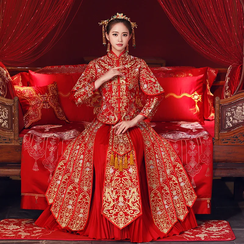 Красный особенный Мода китайский невесты свадебное платье Золотой cheongsam Сучжоу вышивка Женский Золотой демисезонный Qipao S-XXL