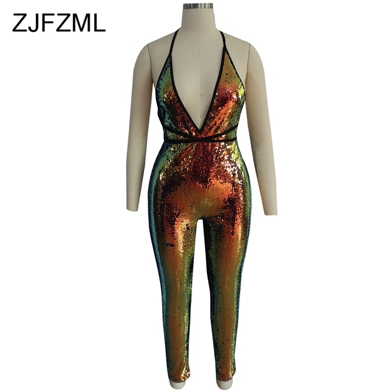ZJFZML Sleeveless Deep V Neck Shiny Sequins Sexy Club Jumpsuits Autumn Backless Romper Women 2018 New Fashion Bodycon Overalls 
