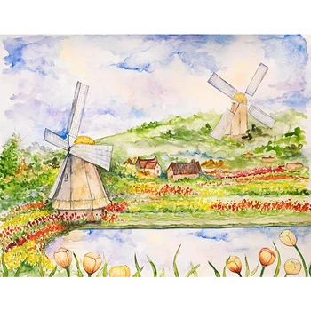 

Oil Painting Rural Scenery Backdrop for Photography Printed Windmill Trees Flowers Newborn Baby Kids Watercolor Photo Background