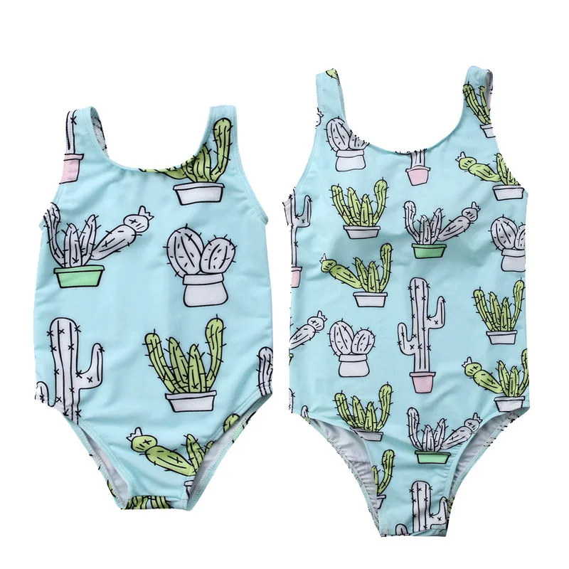 

Hot Summer Family Matching Mother Daughter Bikini Swimsuit Swimwear Women Kids Girls Beachwear Cactus Print Bathing Suit Clothes