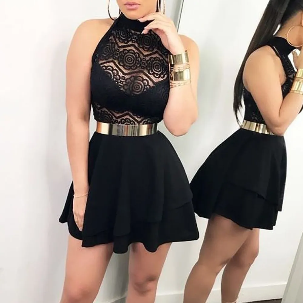 

Summer Women Sexy Regular V-Neck Solid Hollow Out Lace Party Clubwear Night Sleeveless Short Mini Dress Party Beach Sundres