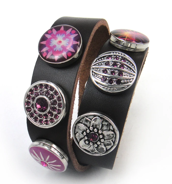 

Free shipping brown Leather with purple tone double Wrap Bracelet purple rhinestone CZ stone metal button leather Bracelet