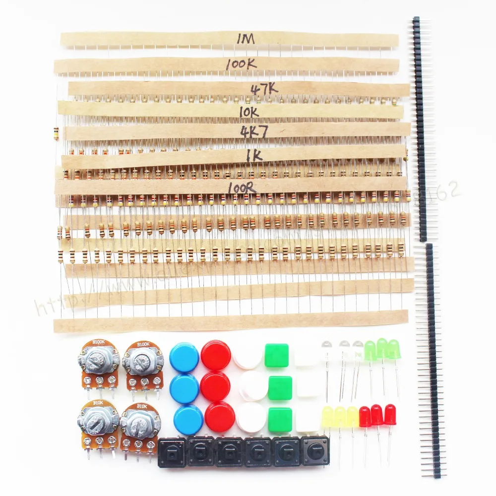 

Handy Portable Resistor Kit for Starter Kit UNO R3 LED Potentiometer Tact Switch Pin Header For arduino DIY KIT
