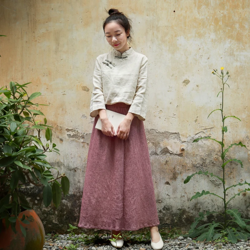 LZJN Women High Elastic Waist A-Line Solid Spring Summer Casual Long Skirts Vintage Female Cotton Linen Midi Skirt  (4)