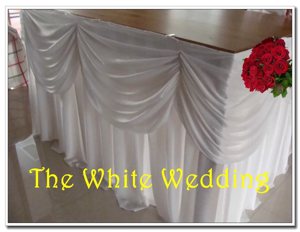 

2pcs 21ft wide x 29'' high Ice Silk Table Skirting with Swag for Wedding Table Decoration with metal clips white color
