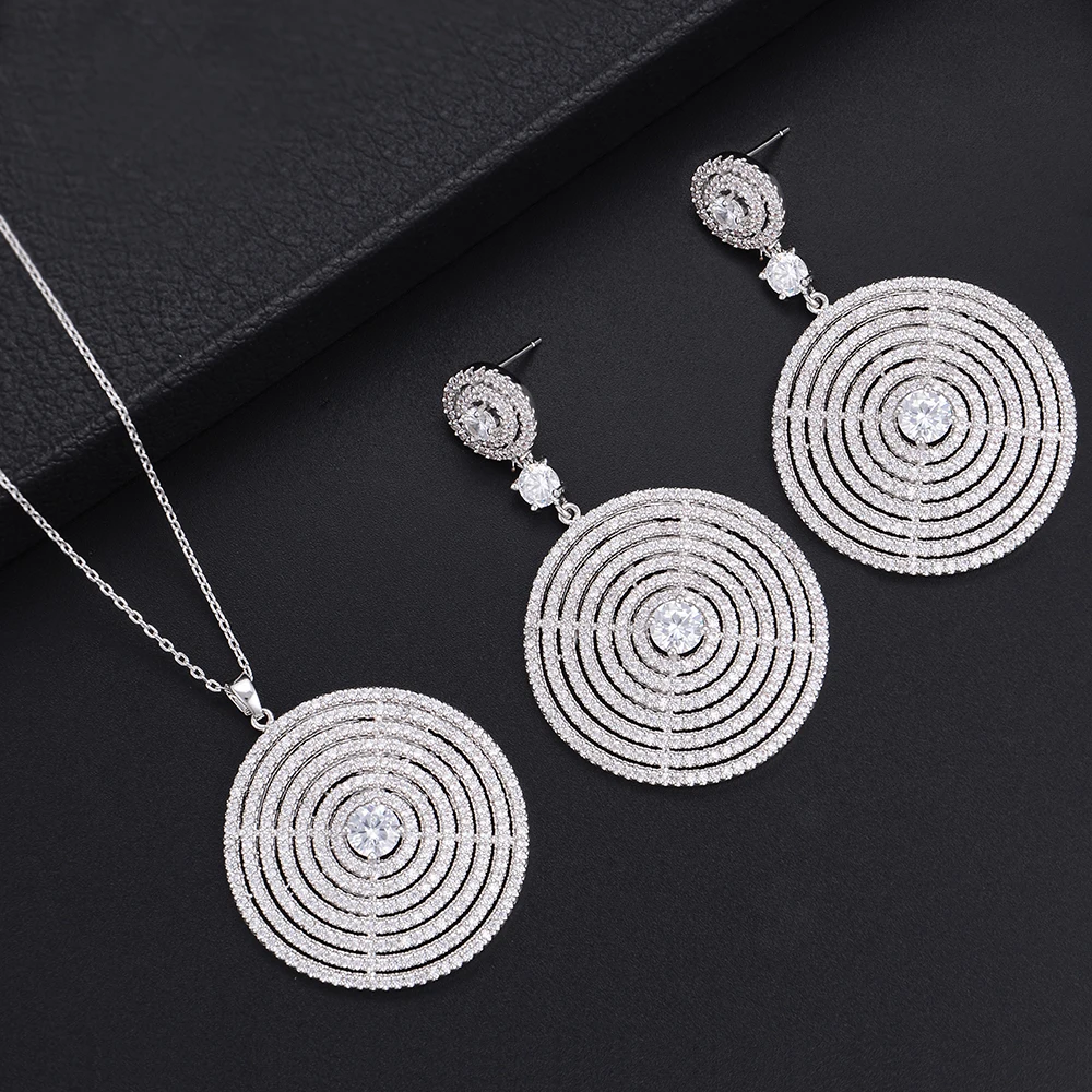 

Fashion Silver Round Mesh Hollow Dangle Earrings Necklace Sets For Women Wedding Engagement Jewlery
