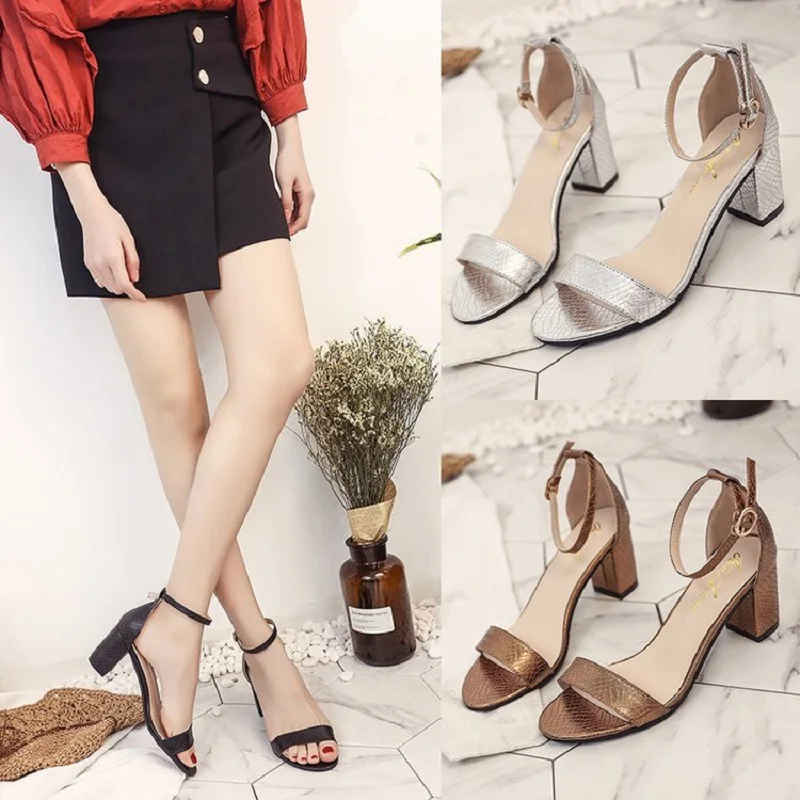 

2019 spring and summer new wild black word with buckle open toe thick with high heel with ladies sandals