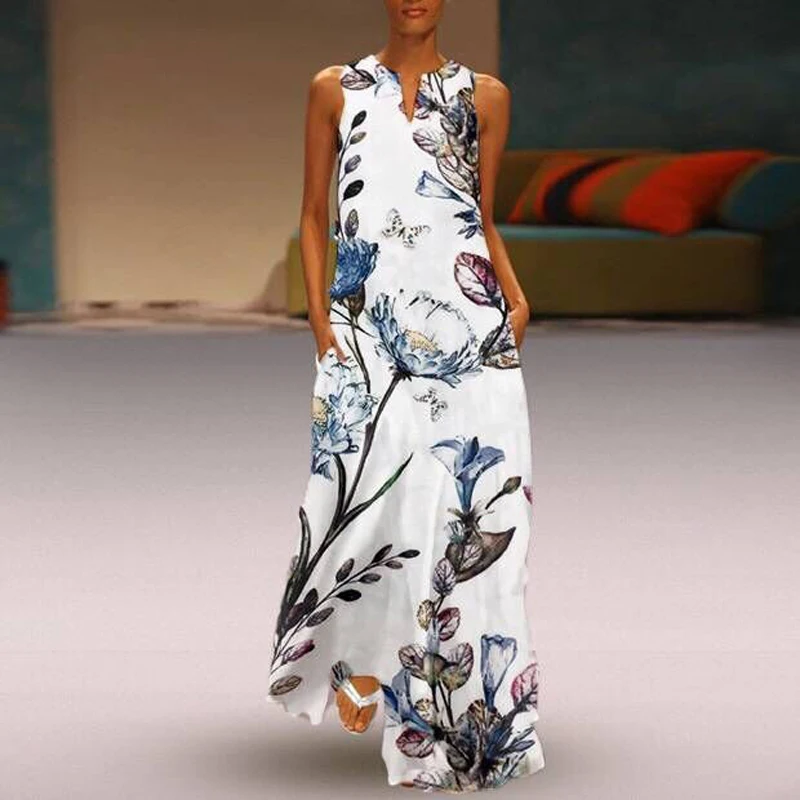 

Summer Cotton Linen Print Dress Oversize 3xl Sleeveless Womens Causal Loose Plus Size Long Maxi Dresses Women