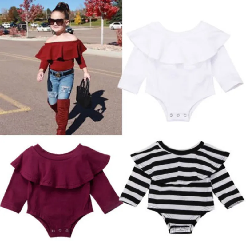 Toddler Kid Baby Girls Solid Color Off Shoulder Long Sleeve Fashion Romper Jumpsuit Outfits Set Clothes Hot Sale