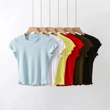 Camisetas de cuello redondo de manga corta para mujer, tops recortados con borde de lechuga, camisetas informales de verano para mujer, ropa informal ajustada, tops de 6 colores