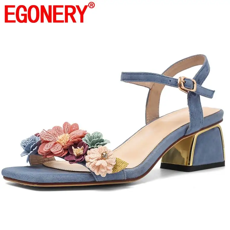

EGONERY leather wedding shoes fahion summer flower woman sandals sheepskin insole apricot blue black 4.5cm mid heels shoes