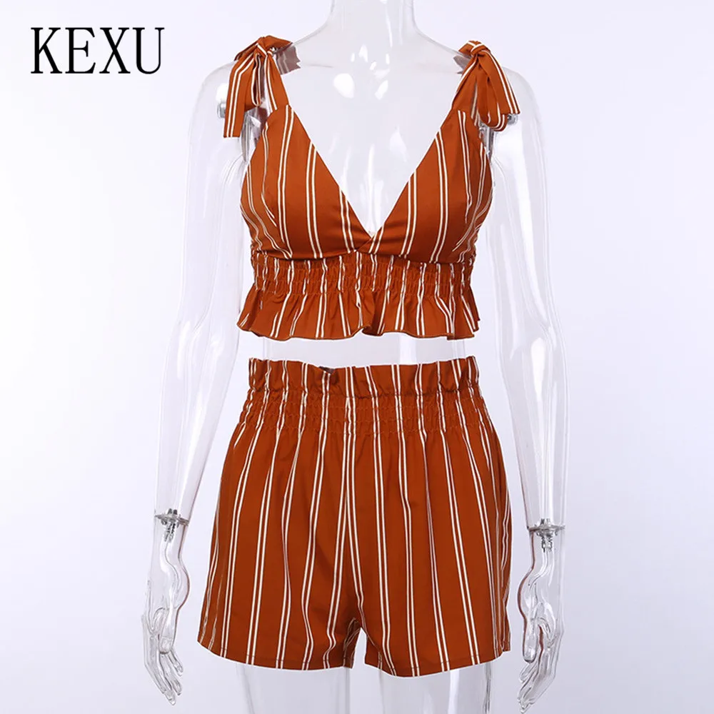 KEXU Orange Pleated Waist Striped Shorts Suits Sexy Backless Chest Vest Shorts Two Pieces Sets Jumpsuits Women Summer Rompers KEXU Orange Pleated Waist Striped Shorts Suits Sexy Backless Chest Vest Shorts Two Pieces Sets Jumpsuits Women Summer Rompers
