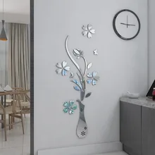 Mirror Flower vase 3d crystal Acrylic wall stickers Entranceway furniture DIY art wall decor stickers Sliver