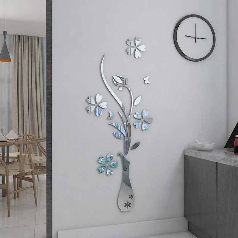Mirror Flower vase 3d crystal Acrylic wall stickers Entranceway