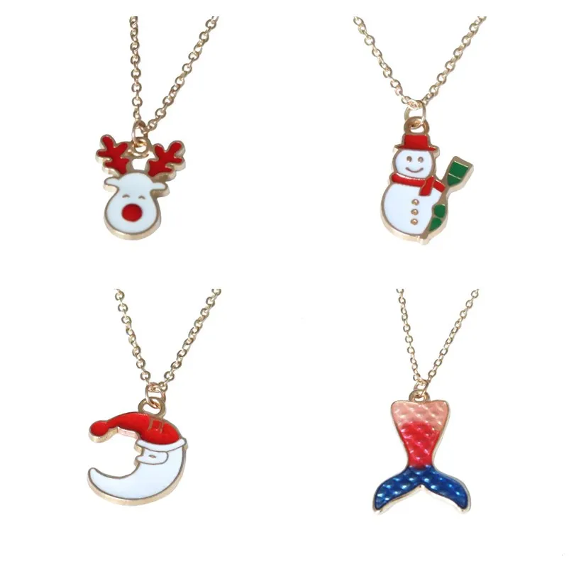 

7 Styles Christmas Necklace Enamel Jewelry Drip Snowman Deer Tree Bell Santa Claus Pendant Necklace 2018 New Year Gift Xmas