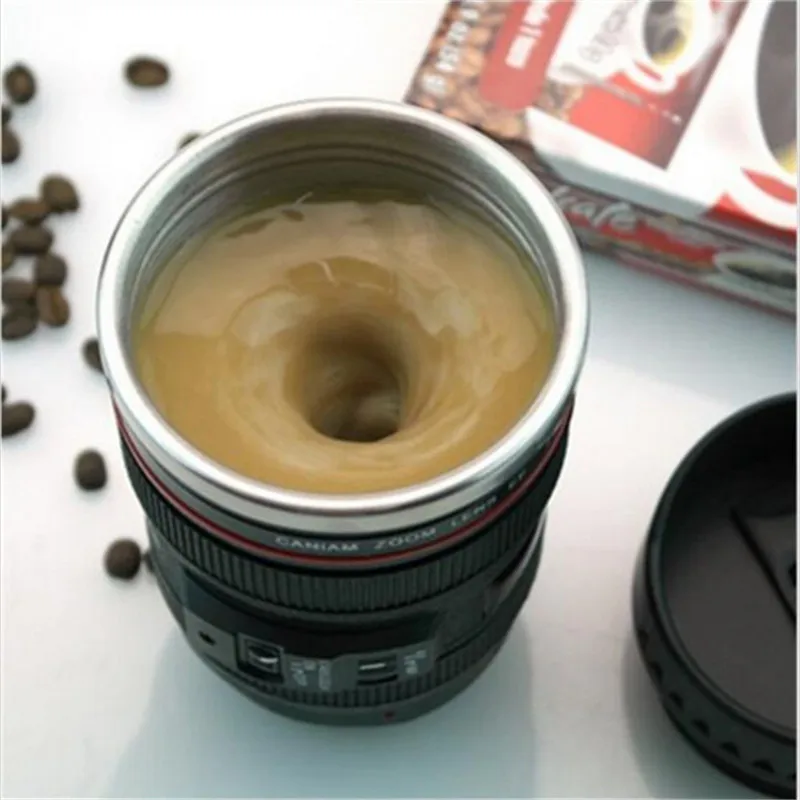

Creative 400 ml Stainless Steel Camera Lens Shape Self Stirring Mugs Cup Office Thermos Coffee Tea Cup Novelty Gifts Cool Black