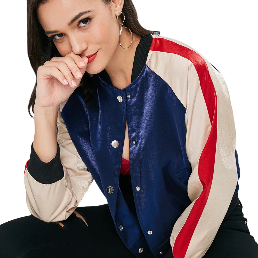 

ZAFUL Bomber Jackets Women Autumn Color Block Snap Button Jacket Female Windbreaker Casual Long Sleeve Jackets Outwear Coats