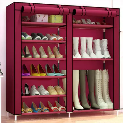 wine red boots style Большая вместительная двухрядная полка для обуви DIY, домашняя многослойная Подставка для хранения в общежитии, полка для защиты обуви от пыли, Тканевый шкаф для обуви с героями мультфильмов - Цвет: wine red boots style