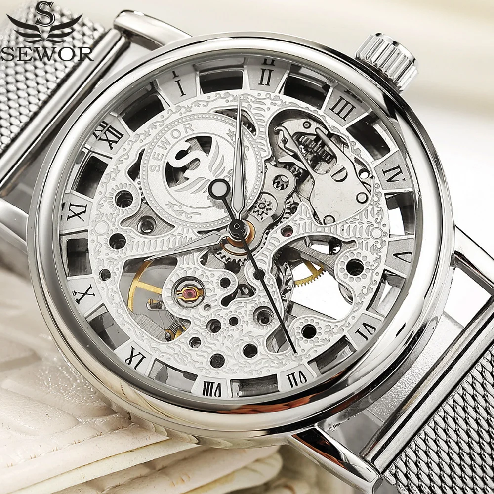 

SEWOR Mechanical Watch Silver Fashion Stainless Steel Mesh Strap Men Skeleton Watches Top Brand Luxury Male Wristwatch