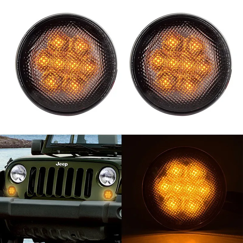 2pcs LED Front Turn Signal Light for Jeep Wrangler JK 2007-2016 Smoke Yellow Amber Light