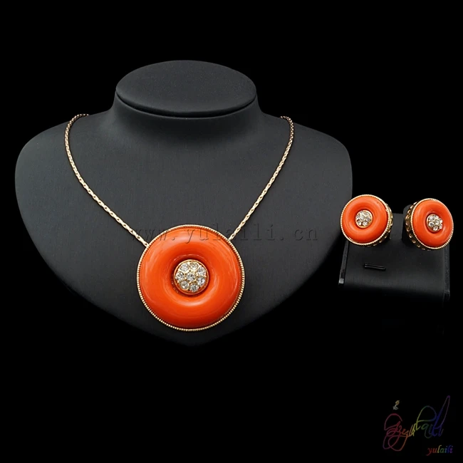 

Yulaili Fashion Orange Red Resin Pendant Necklace Earring Jewellery Set Good Quality Rhinestone Two Jewelry Set