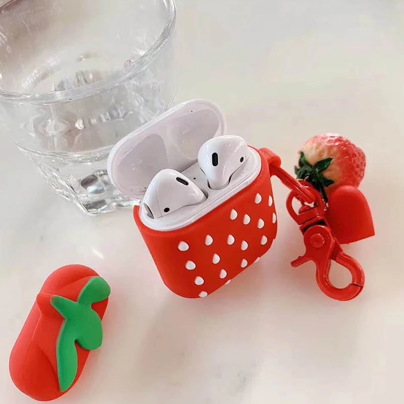 Silicone Cases For AirPods Cover 3D Cute Strawberry Earphone Case For Apple Airpods 2 Air pods 2 Protective Sleeve with Pendant