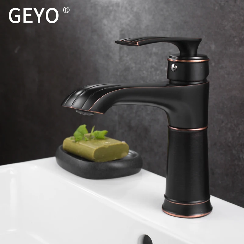 GEYO Antique Kitchen Black Copper Bathroom Faucets Basin Faucets Brass OilRubbed Bronze Faucet Bathroom Shower Hot Cold MixerTap