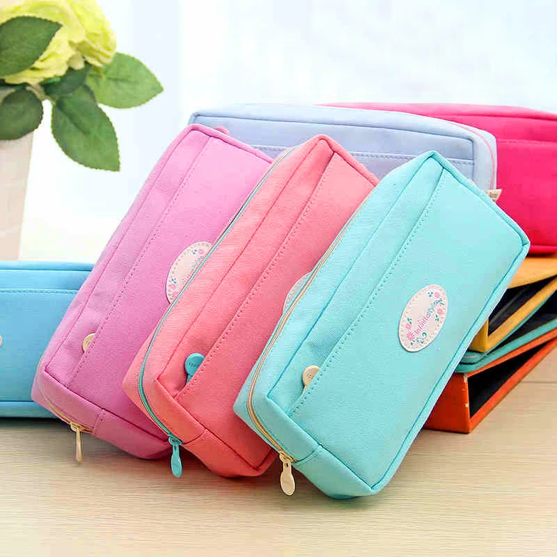 

Fresh Candy Color Canvas Floral Large Capacity Zipper Student School Pencil Case Boys Girls Pencil Bag Kawaii Stationery Gift