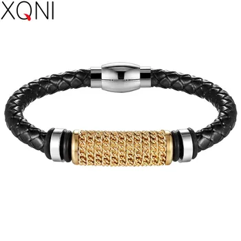 

XQNI Genuine Leather Bracelet Gold/Steel/Black Color Chain Winding Stainless Steel Superior Charm Punk Bracelet For Men Gift