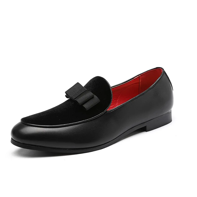 M-anxiu; Мужская официальная обувь с бантом; свадебные модельные мужские туфли на плоской подошве; мужские повседневные туфли без застежки; цвет черный, лакированная кожа, красный; замшевые лоферы - Цвет: Black