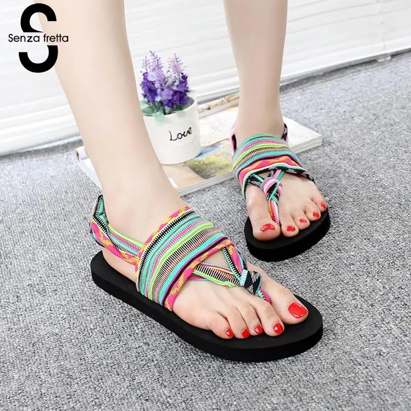 

Senza Fretta 2018 New Summer Black Beach Shoes Woman Bohemia Sandals Non-Slip Flat Women Flip Flops Sandals Lace Up Sandalias