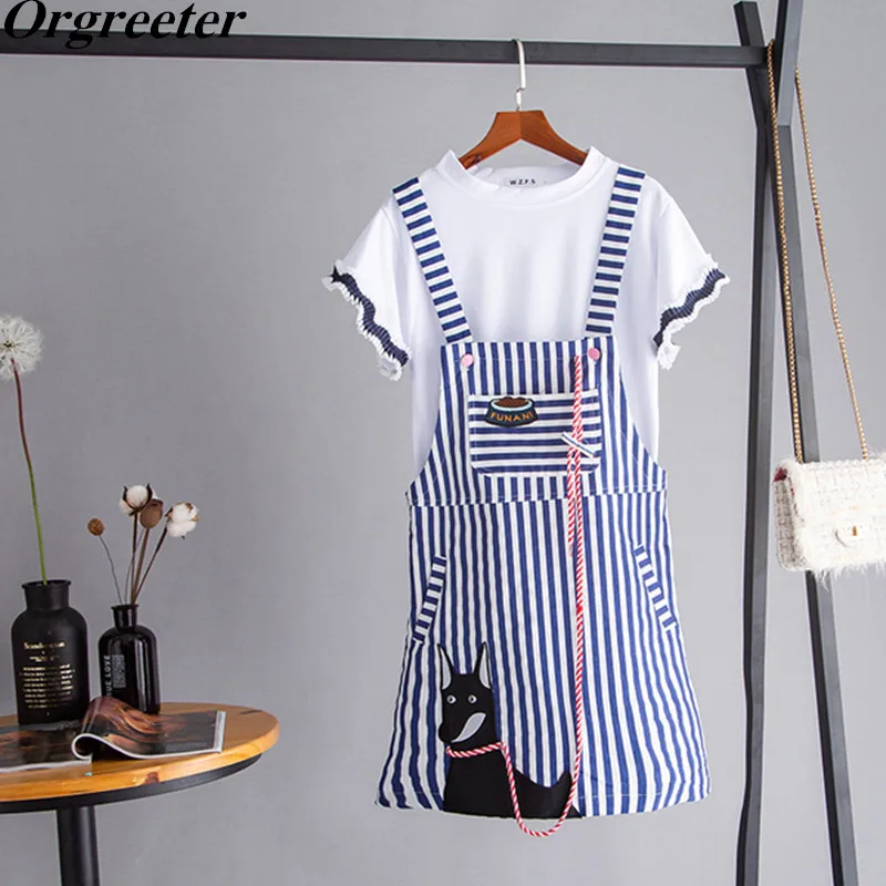 

2019 Summer New Students Girls Casual Suits Butterfly Sleeve Cotton Tshirt and Appliques Striped Strap Dress Two pieces Sets
