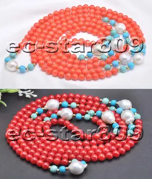 

X0440 Round Red Pink Coral White Keshi Pearl Necklace 54''