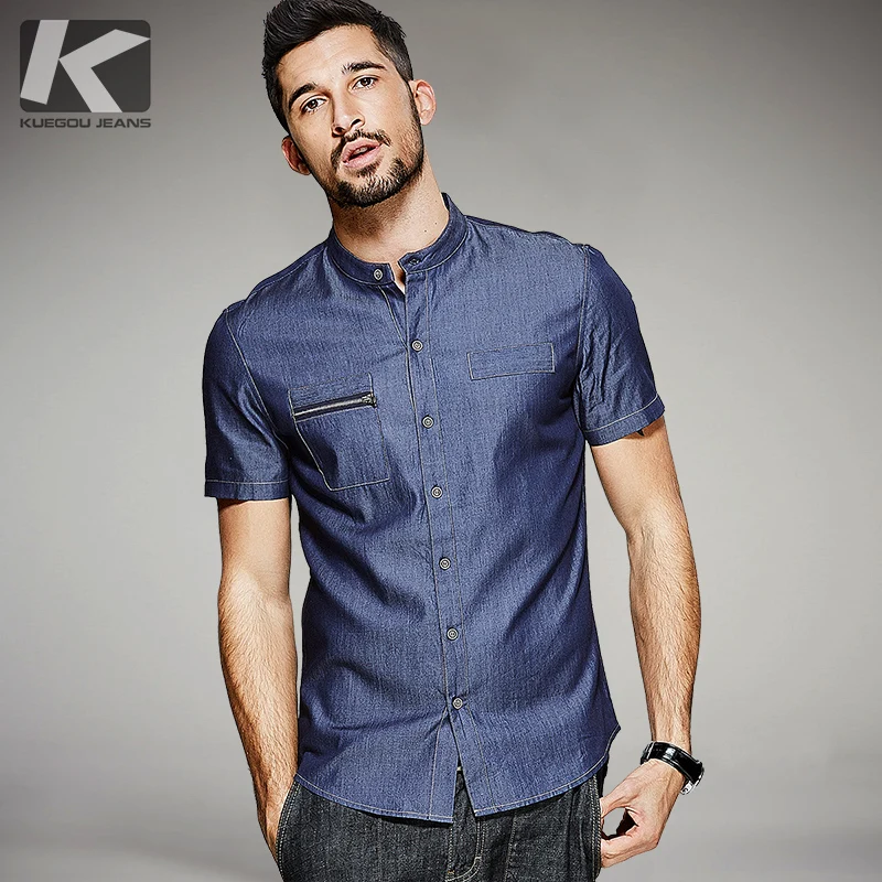 KUEGOU 2017 Summer Mens Denim Shirts Zipper Pocket Blue Color Brand ...