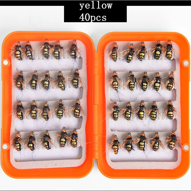 Attractive 40pcs Fly fishing Lure Hooks And box Bee Insects Style Salmon Flies Trout Single Dry Fly Fishing Lakes Fishing Tackle