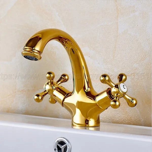 

Luxury Gold Color Brass Bathroom Sink Faucet Basin Mixer Tap Double Cross Head Handle Single Hole Hot and Cold Water znf269