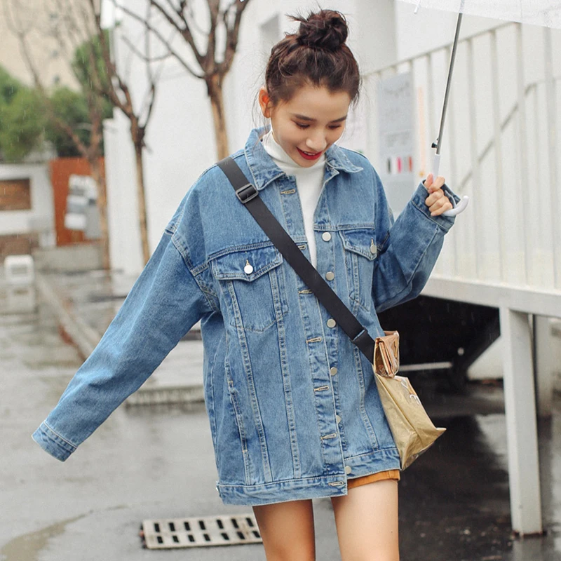 Spring women denim jacket 2018 fashion new loose Bat Sleeved female jacket mid-long single-breasted long-sleeved lady coat ll954 Spring women denim jacket 2018 fashion new loose Bat Sleeved female jacket mid-long single-breasted long-sleeved lady coat ll954