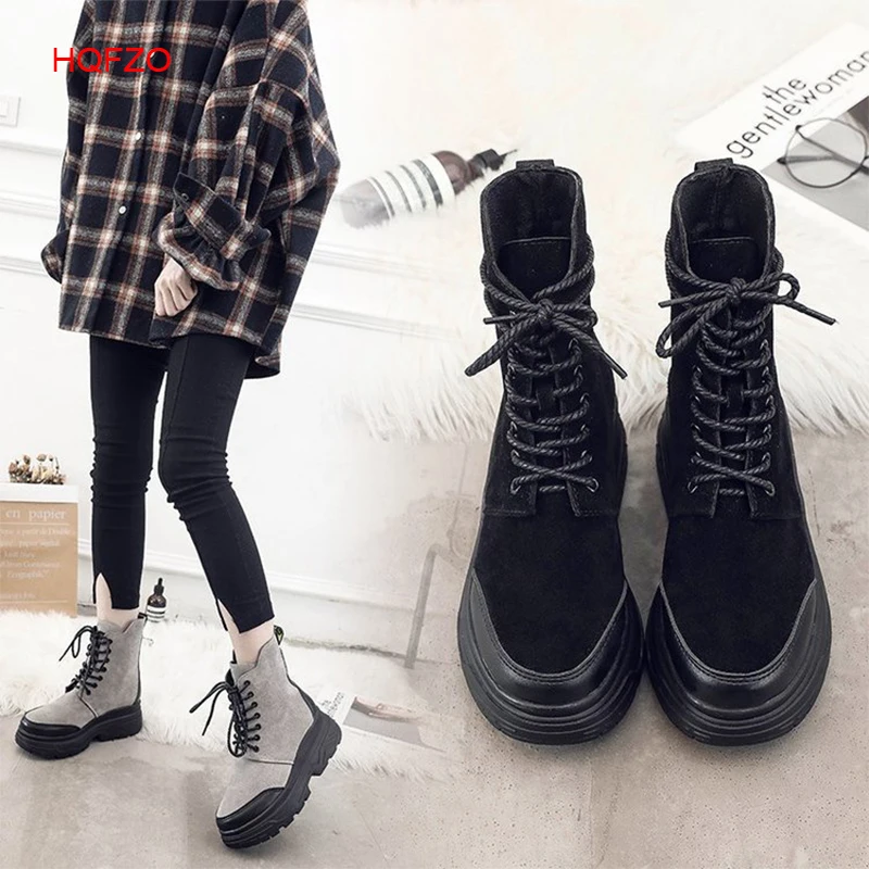 

HQFZO Flock Martin Ankle Boots For Women Platform Female Lace Up Short Boot Botas Street Sneakers Mujer zapatos Flats Shoes