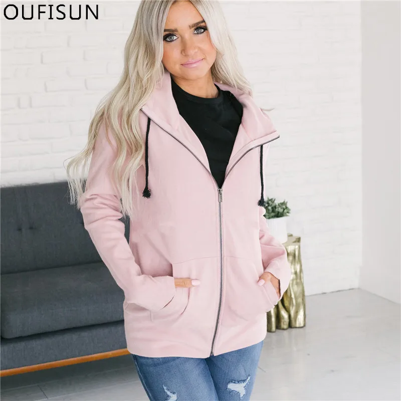 

Oufisun Spring Autumn Plus Size 3XL Zipper Women's Jacket 2019 New Causal Solid Long Sleeve Pocket Jackets Hooded Thin Jacket