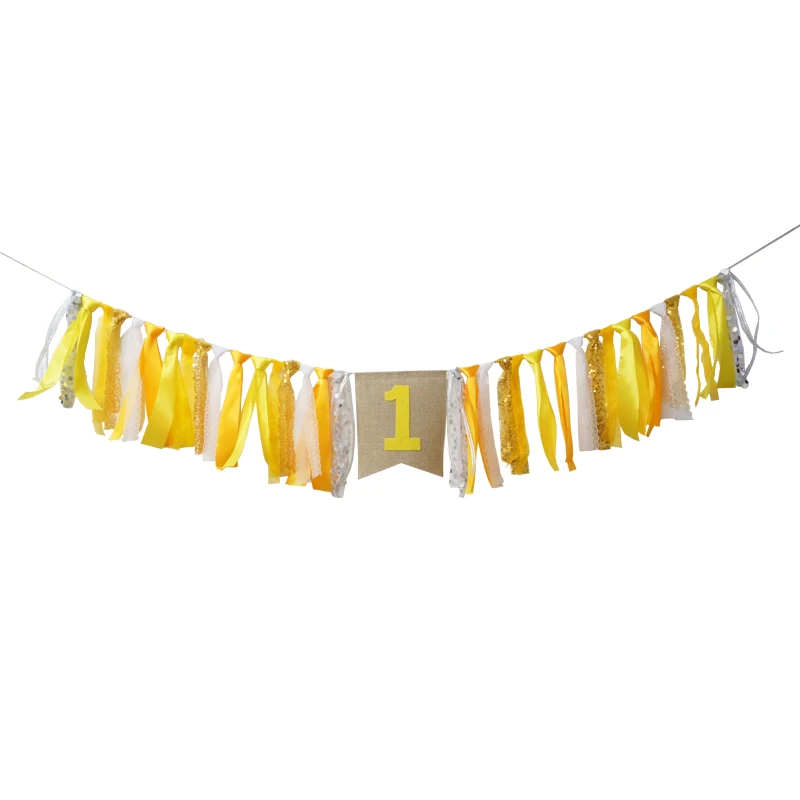 

Shining Yellow Orange Ribbon Happy Birthday Baby Shower backdrop stand Customized Flag Party Decoration Chair Nursery Garland