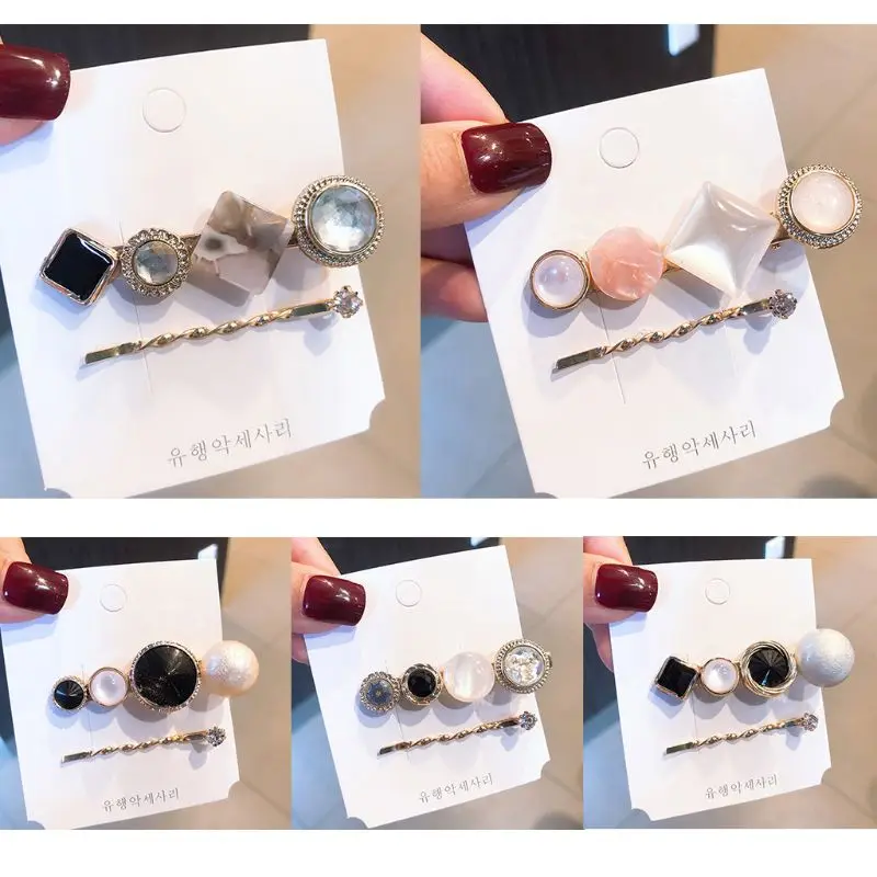 

2Pcs/Set Jewelry Decoration Retro Barrette Spiral One Word Hairpin Women Imitation Diamond Beaded Faux Marble Hair Clip