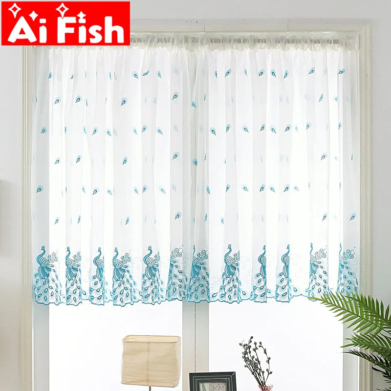 

New Pink Peacock Window Gauze 1 Panel Turquoise Blue Peacock Embroidered Short Sheer Voile Rod Pocket Door Curtain Kitchen A38#4
