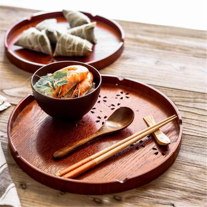 

Round Natural Wood Serving Tray Snack Plate Tea Breakfast Bread Tray Hollow Out Design Fruit Combination Desktop Storage Tray