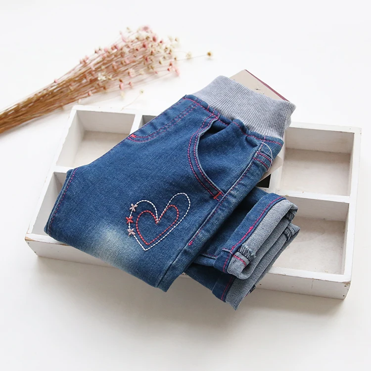 

New Arrival Baby Girls denim jeans girls elastic waist embroidery jeans girls spring autumn long pants Child trousers